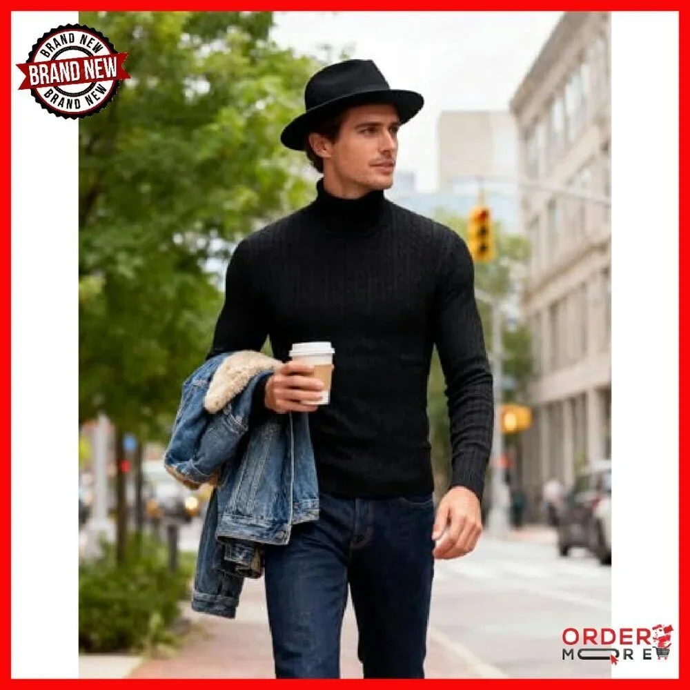 Slim Fit Turtleneck Sweater Cable Knit Thermal Pullover Men's